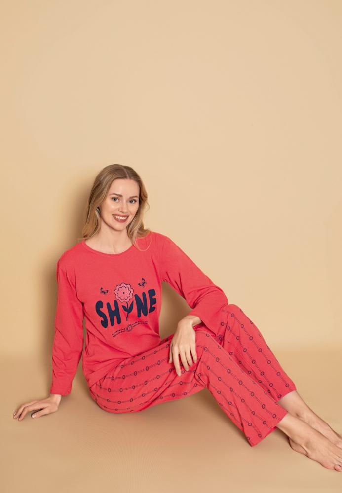 Pijama dama Serena-maneca lunga si pantalon lung, culoare coral ,Engros